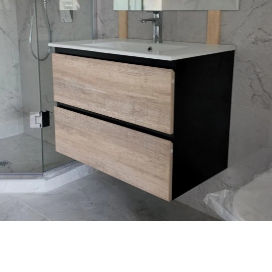 NELSON 900X460X580MM PLYWOOD WALL HUNG VANITY - BLACK AND LIGHT OAK WITH CERAMIC TOP